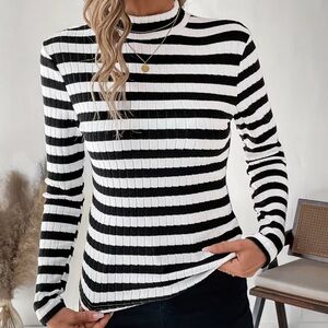 Mock neck black and white striped shirt